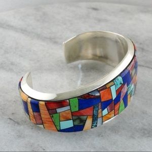Navajo Inlaid Multi Stone Sterling Bracelet